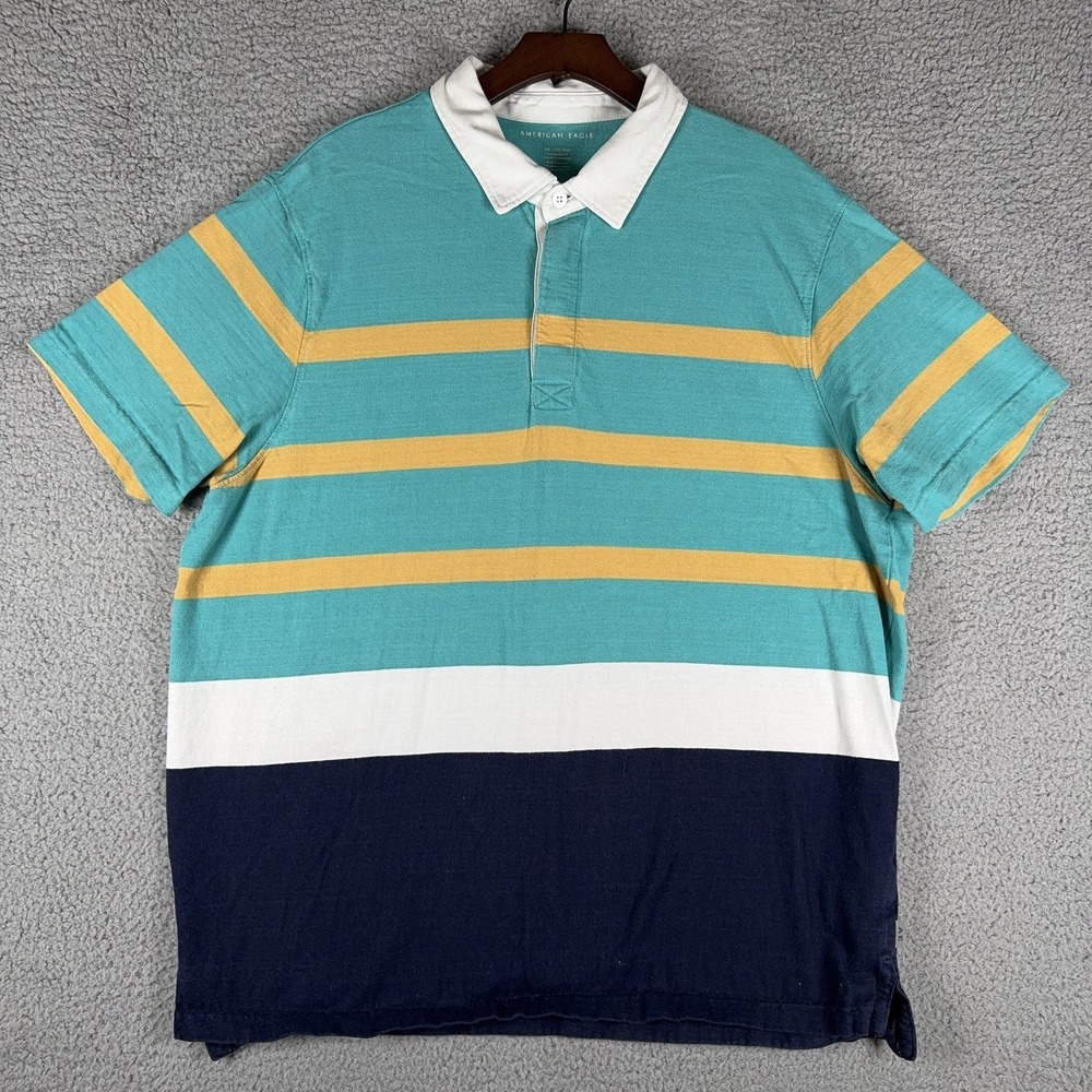 American Eagle Mens XXL Rugby Polo Shirt Teal Gold Navy Striped Short Sleeve